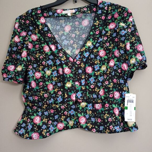 NWT GB Floral Cropped V Neck Blouse with Covered Buttons - Picture 1 of 9